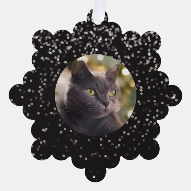 Silver Glitter on Black Personalised Cat Tree Decoration Card (Front)
