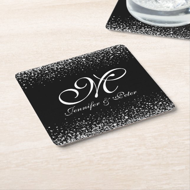 Silver Glitter on Black Square Paper Coaster (Angled)