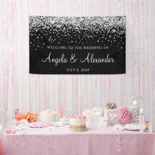 Silver Glitter on Black Wedding Welcome Banner