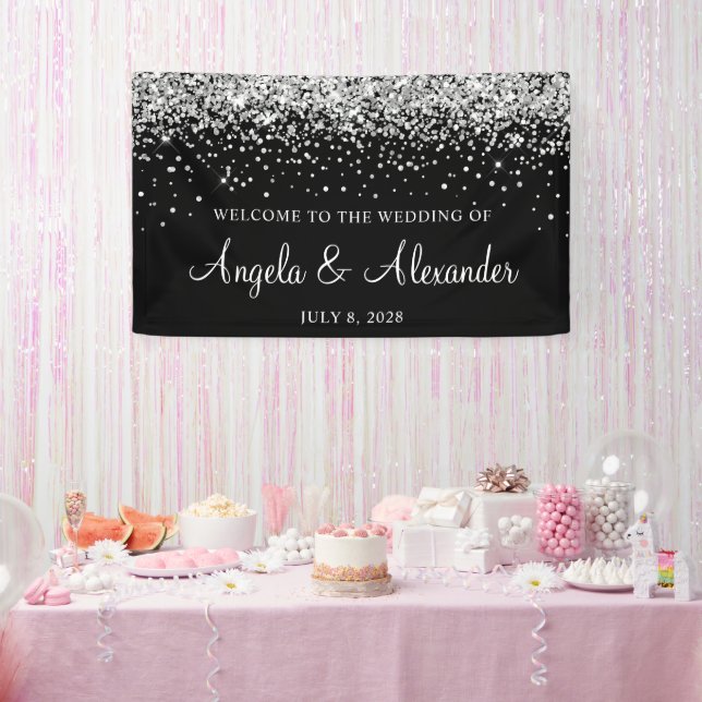 Silver Glitter on Black Wedding Welcome Banner (Party)