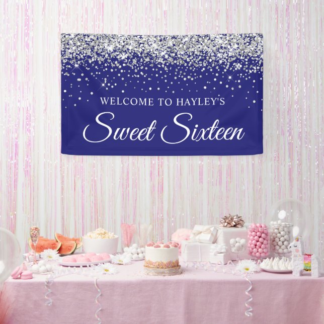 Silver Glitter on Navy Sweet Sixteen Banner (Party)