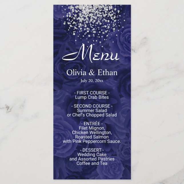 Silver Glitter on Royal Blue Floral Menu (Front)