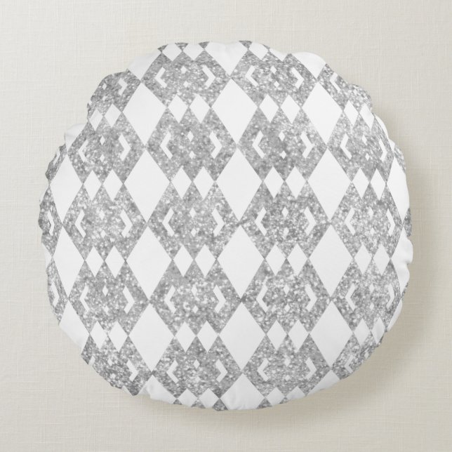 Silver Glitter Overlap Diamond Pattern Round Cushion (Front)