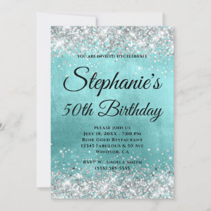 Silver Glitter Pale Aqua Blue Foil Fancy Monogram Invitation