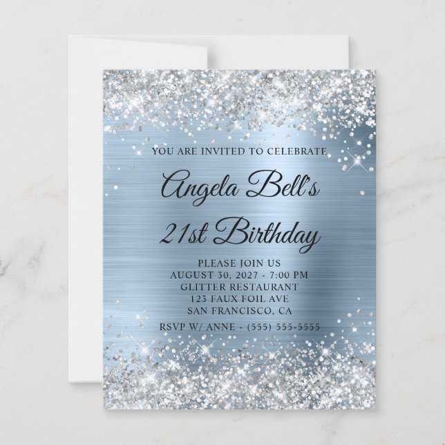 Silver Glitter Pale Blue 21st Birthday Invite (Front)