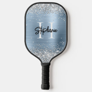 Silver Glitter Pale Blue Foil Monogrammed Pickleball Paddle