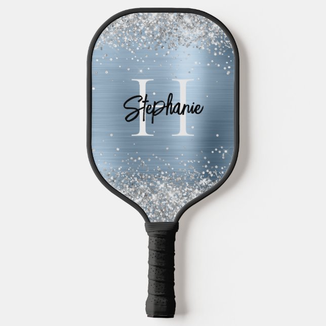Silver Glitter Pale Blue Foil Monogrammed Pickleball Paddle (Back)