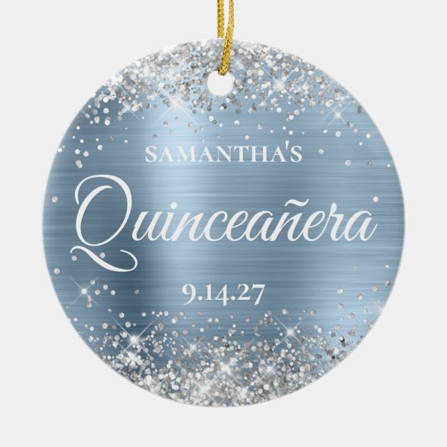 Silver Glitter Pale Blue Quinceañera Photo Ceramic Tree Decoration (Front)