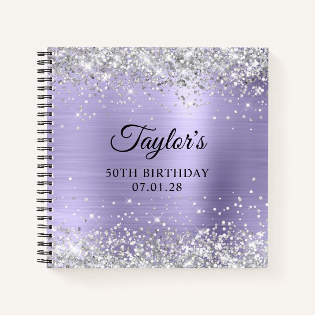 Silver Glitter Pale Lavender 50th Birthday Guest Notebook (Front)