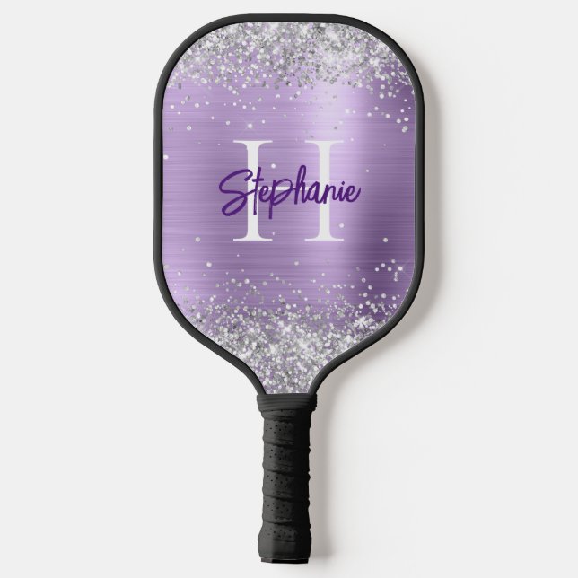 Silver Glitter Pale Lavender Foil Monogrammed Pickleball Paddle (Back)