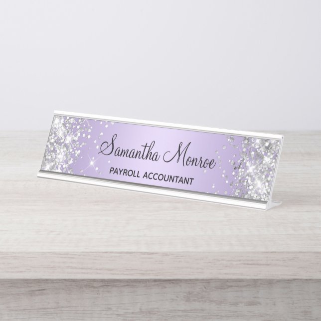 Silver Glitter Pale Lavender Gradient Desk Name Plate (Front)