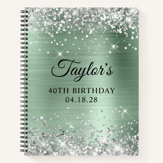 Silver Glitter Pale Mint Foil 40th Birthday Notebook (Front)