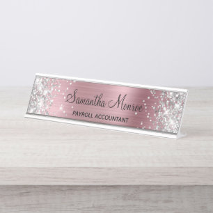 Silver Glitter Pale Pink Foil Desk Name Plate