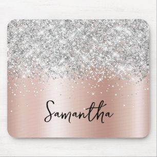 Silver Glitter Pale Rose Gold Shimmer Name Mouse Pad