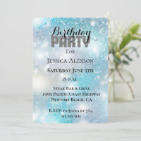 Silver Glitter Party Aqua Blue Bokeh Birthday