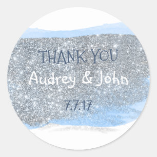 Silver Glitter Pastel Blue Painting Thank You Classic Round Sticker