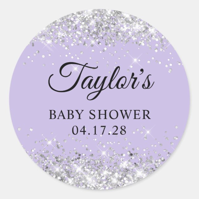 Silver Glitter Pastel Purple Baby Shower Classic Round Sticker (Front)