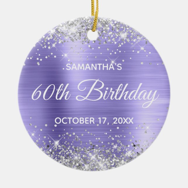 Silver Glitter Periwinkle Foil 60th Birthday Ceramic Tree Decoration (Front)
