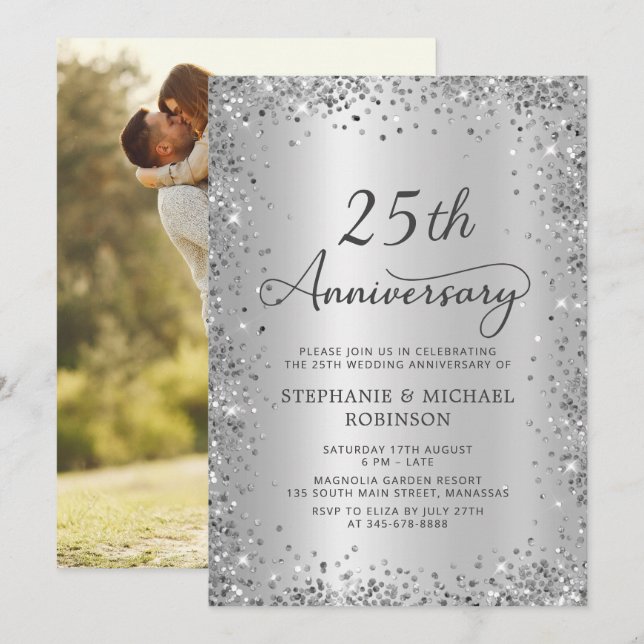 Silver Glitter Photo 25th Wedding Anniversary Invitation (Front/Back)