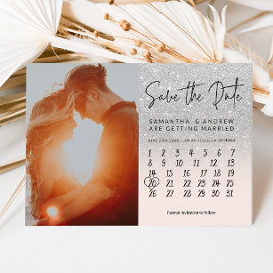 Silver glitter photo calendar save the date announcement postcard