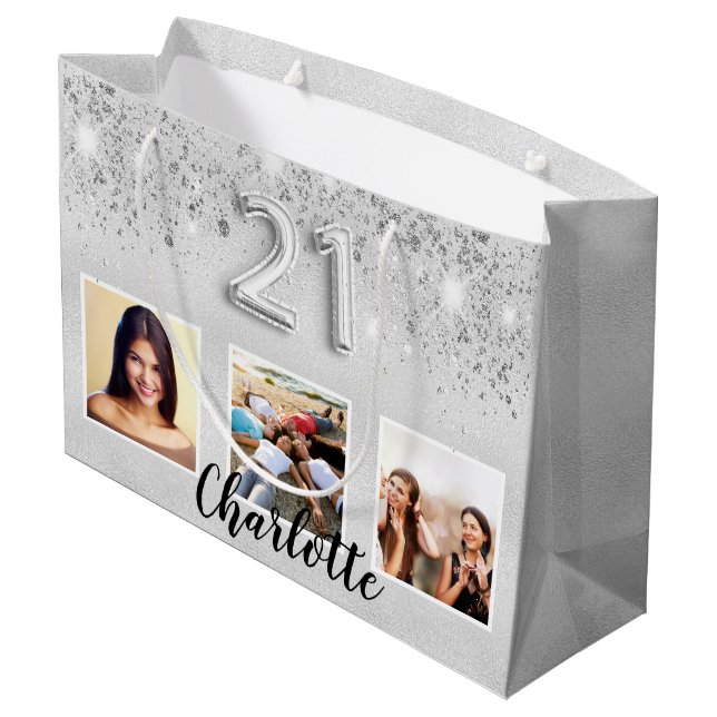 Silver glitter photo name 21st birthday large gift bag (Back Angled)