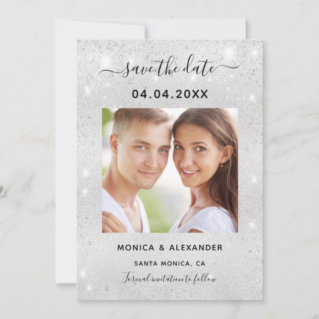 Silver glitter photo qr code wedding save the date (Front)