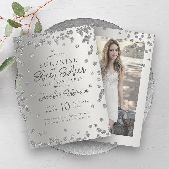 Silver Glitter Photo SURPRISE Sweet 16   Invitation (Silver Glitter Photo SURPRISE Sweet 16 Invitation)