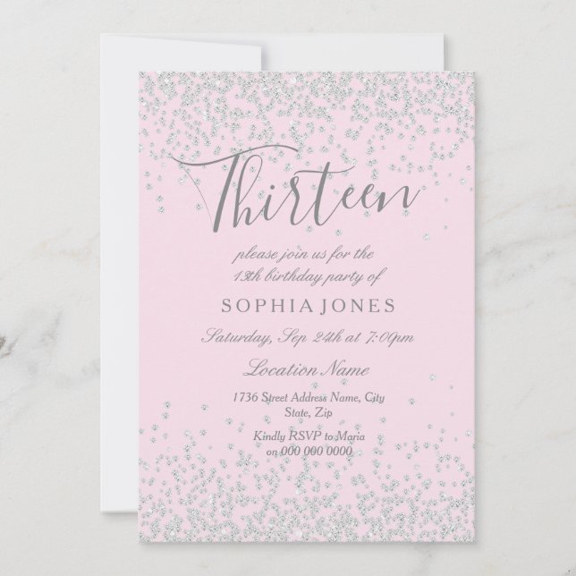 Silver Glitter Pink 13th Birthday Invite (Front)