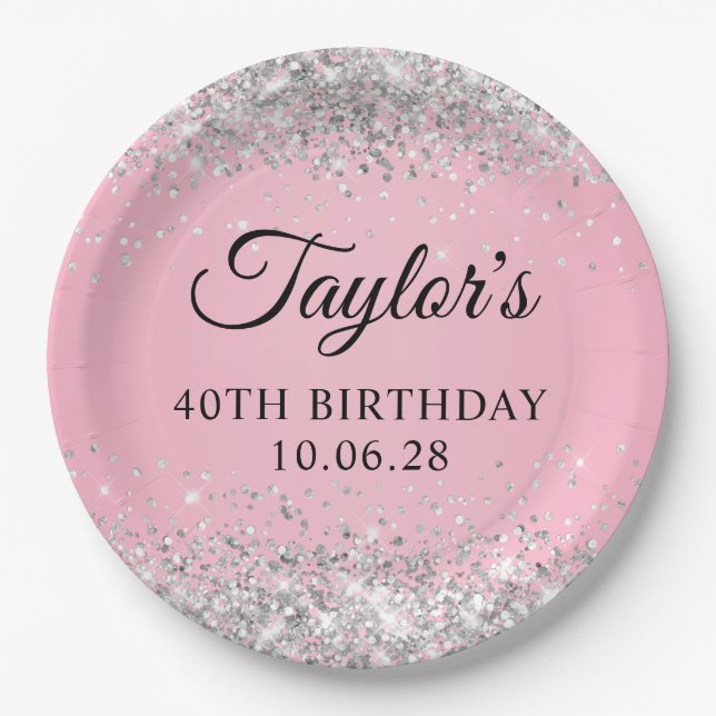 Silver Glitter Pink 40th Birthday Paper Plate (Front)