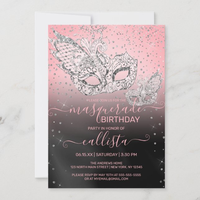 Silver Glitter Pink Black Masquerade Birthday Invitation (Front)