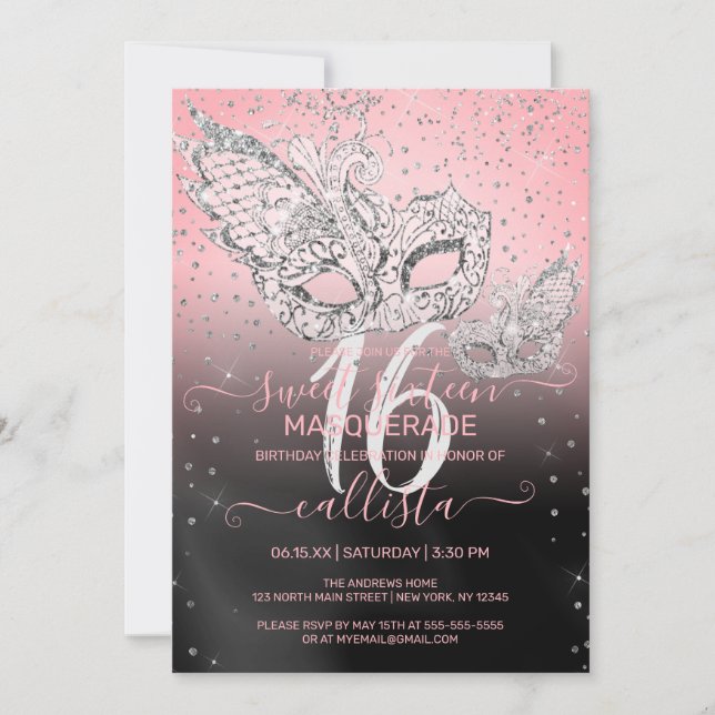 Silver Glitter Pink Black Masquerade Sweet 16 Invitation (Front)
