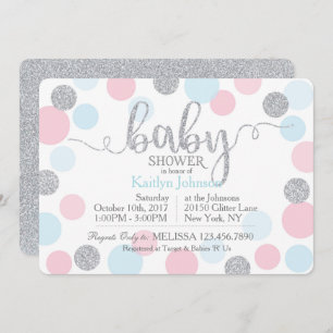 Silver Glitter Pink Blue Scatter Dots Baby Shower Invitation