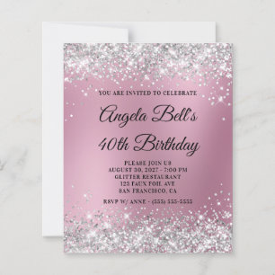 Silver Glitter Pink Blur 40th Birthday Invite