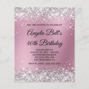 Silver Glitter Pink Blur 40th Birthday Invite Flyer