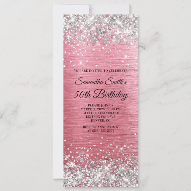 Silver Glitter Pink Brushed Foil 50th Birthday Invitation (Front)