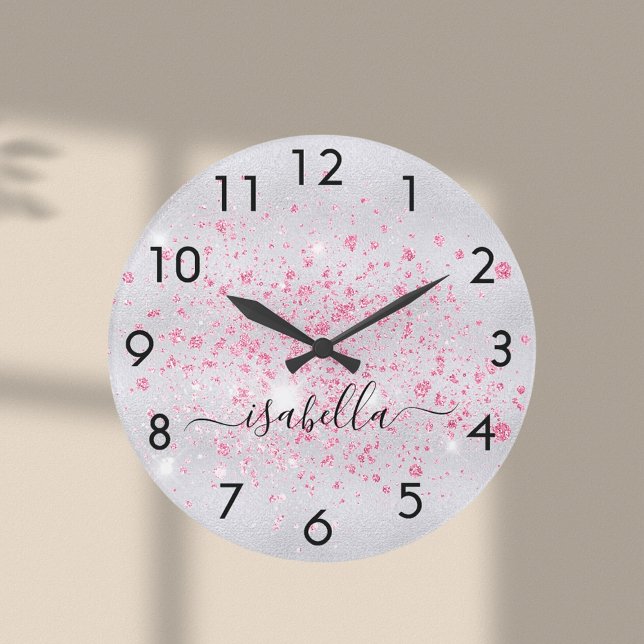 Silver glitter pink dust metal name script large clock (Creator Uploaded)