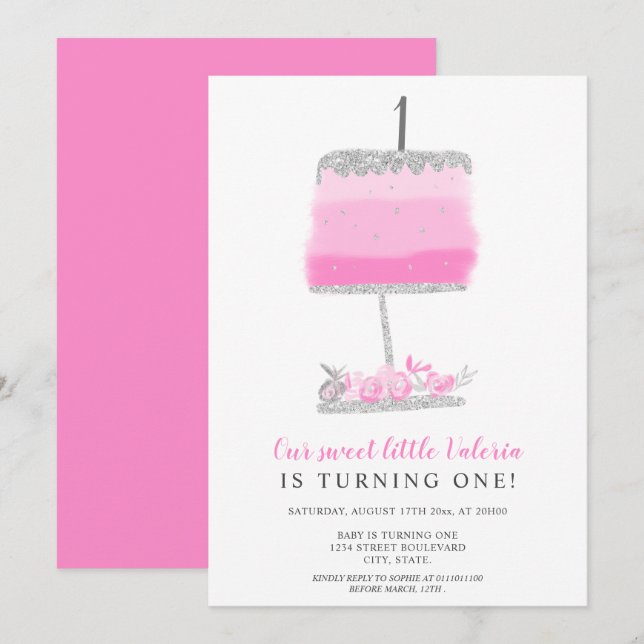 Silver glitter pink floral cake first birthday invitation (Front/Back)