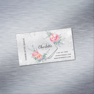 Silver glitter pink floral makeup hair beauty magnetic business card