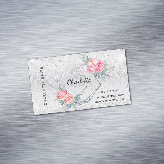 Silver glitter pink floral makeup hair beauty magnetic business card (In Situ)