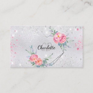 Silver glitter pink florals makeup hair beauty business card