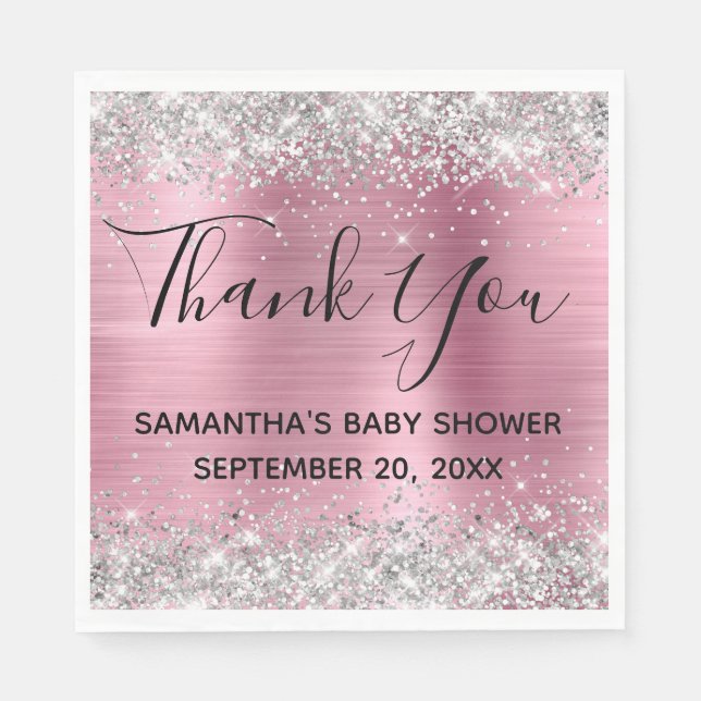 Silver Glitter Pink Foil Baby Shower Thank You Napkin (Front)