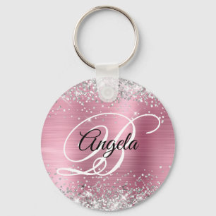 Silver Glitter Pink Foil Fancy Monogram Key Ring