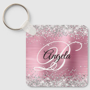 Silver Glitter Pink Foil Fancy Monogram Key Ring