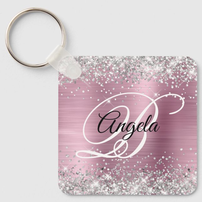 Silver Glitter Pink Foil Fancy Monogram Key Ring (Front)