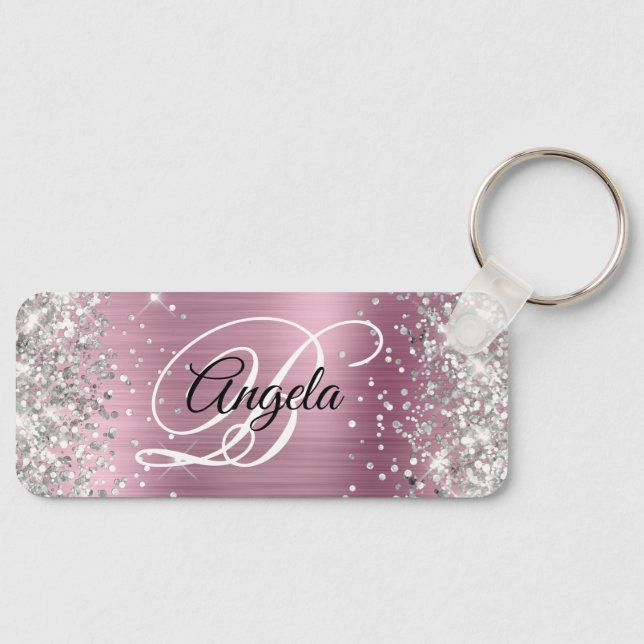Silver Glitter Pink Foil Fancy Monogram Key Ring (Front)