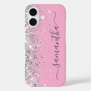 Silver Glitter Pink Girly Signature iPhone 16 Case
