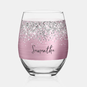 Silver Glitter Pink Glam Name Stemless Wine Glass