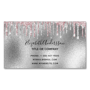 Silver glitter pink metallic elegant modern magnetic business card