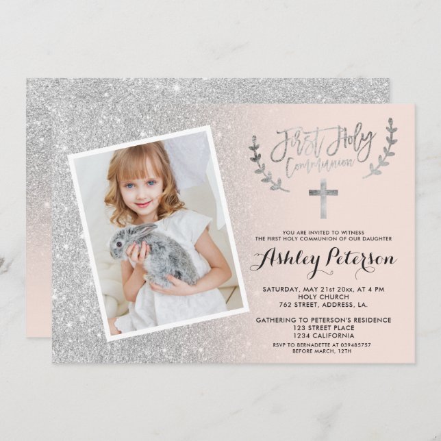 Silver glitter pink ombre first communion photo invitation (Front/Back)