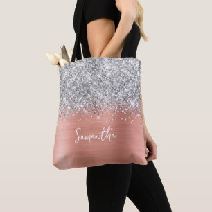 Silver Glitter Pink Peach Glam Name Tote Bag